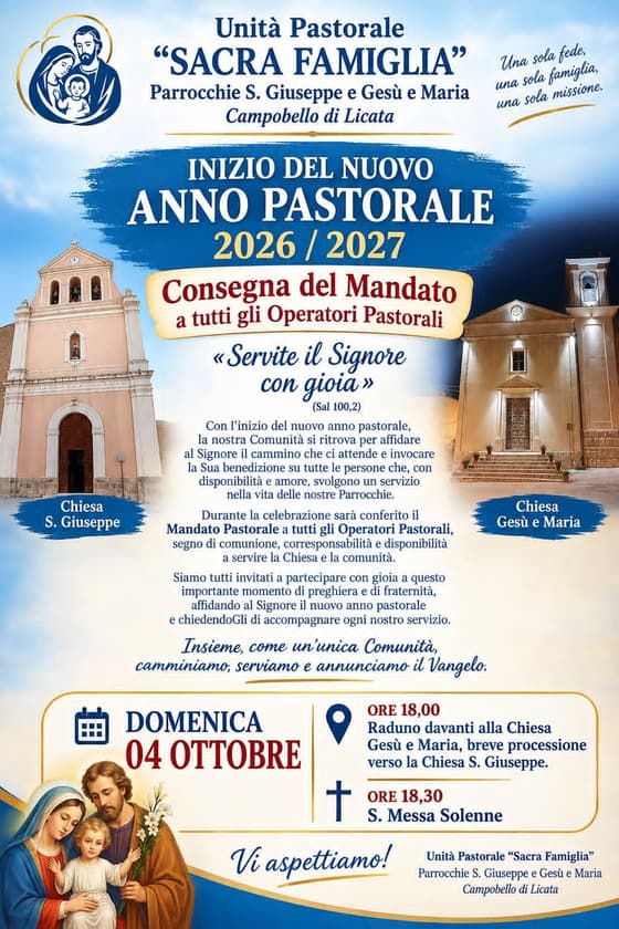 Locandina: inizio del nuovo anno pastorale 2026/2027 e consegna del mandato agli operatori pastorali