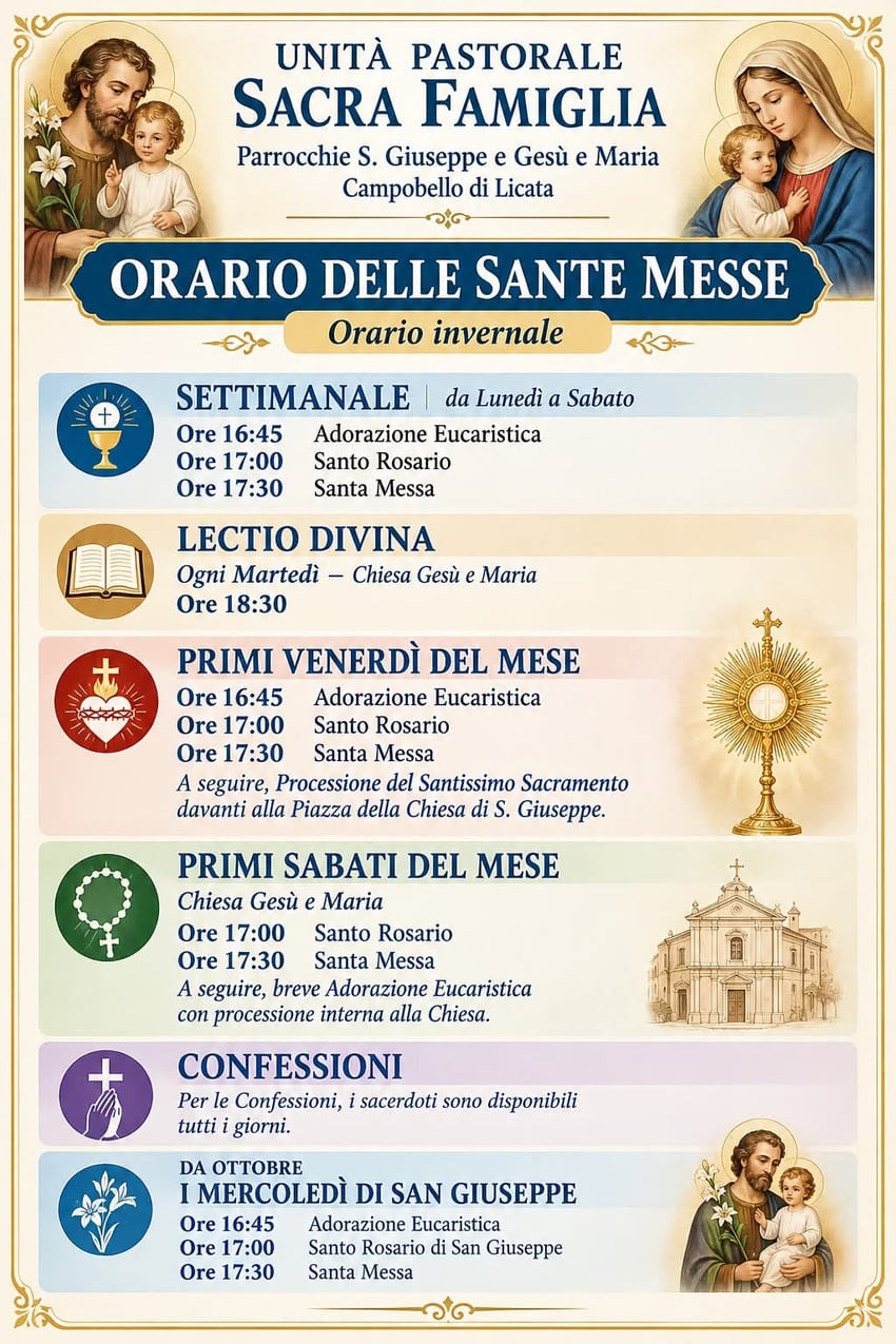 Locandina dell'orario invernale delle Sante Messe dell'Unità Pastorale Sacra Famiglia
