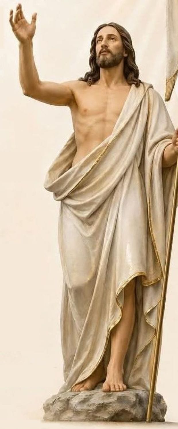 La statua del Cristo Risorto con lo stendardo della Risurrezione